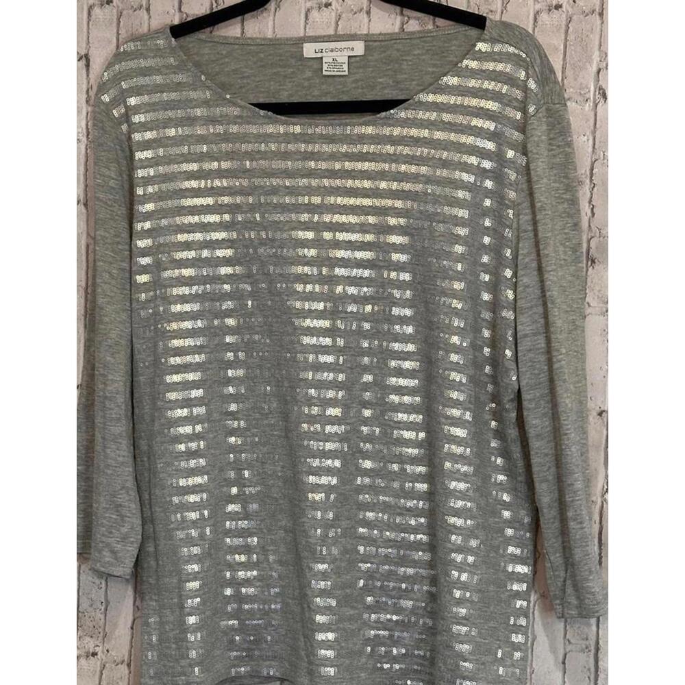 Liz Claiborne Women's Long Sleeve Top with Silver Sequins, XL